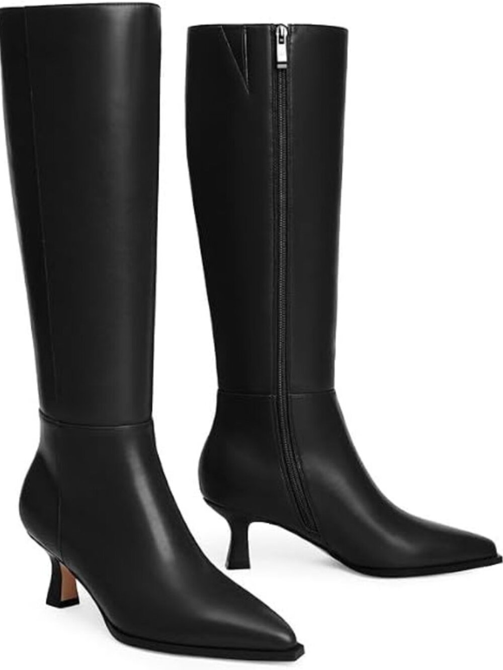 Women's Black Pu Knee High Boots Kitten Heels Pointed Toe Tall Boots Low Heels